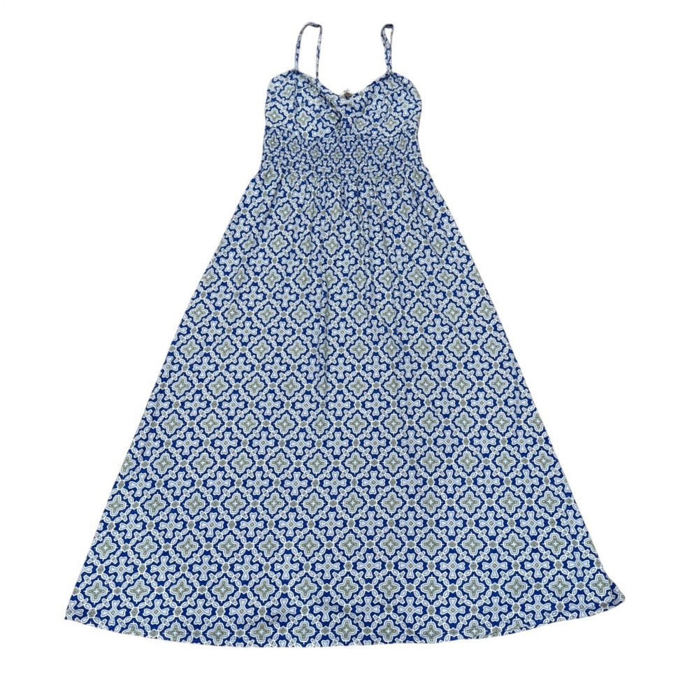 Boden Blue Geometric Tile Print Smocked Maxi Dress Womens US 6R Sundress Resort